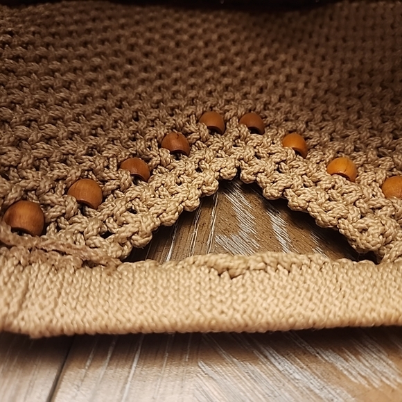 Macrame Hinged Handbag Purse Beaded Clutch Vintage 1970s Handmade Brown - Picture 2 of 10